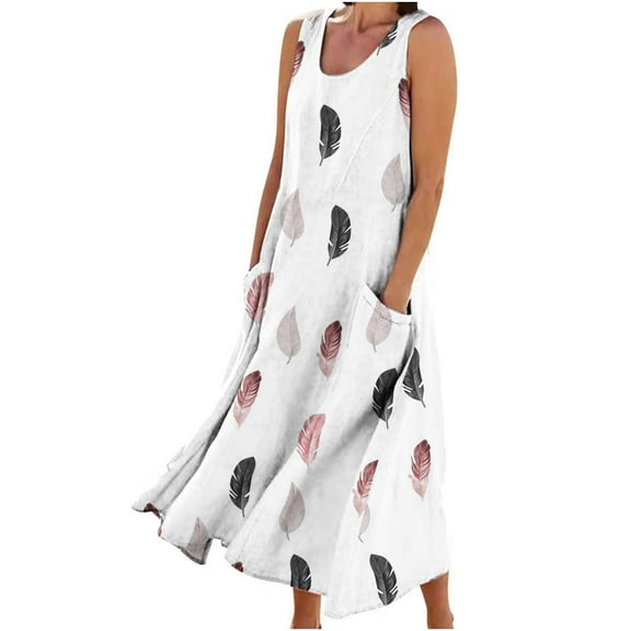 Summer Dresses Womens Casual Sleeveless Round Neck Swing Summer Dress Flowing Tank Long Dresses Maxi Dress Beach Dress Feather Print Vest Loose Dress