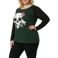 thumbnail image 4 of Unique Bargains Women's Plus Long Sleeve Scoop Neck Floral Skull Tops 3X Dark Green, 4 of 6