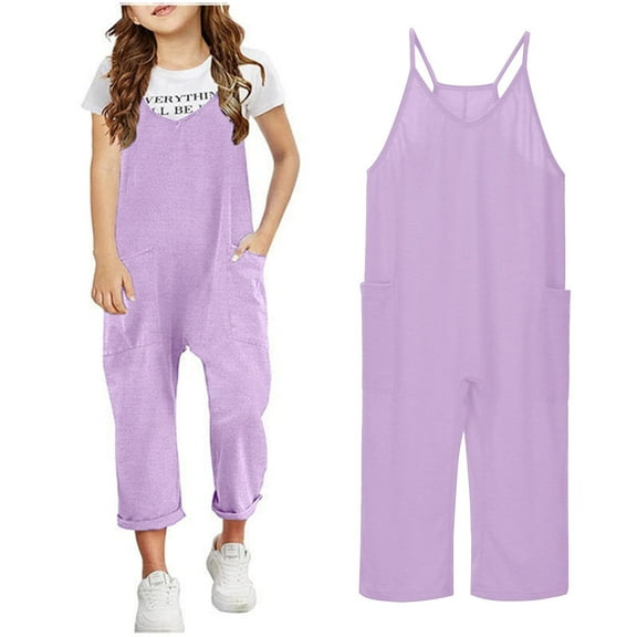 Kids Girls Romper Sleeveless Spaghetti Strap Rompers With Pockets Wide Leg Harem Pants Jumpsuits Rompers For Girls 8-10