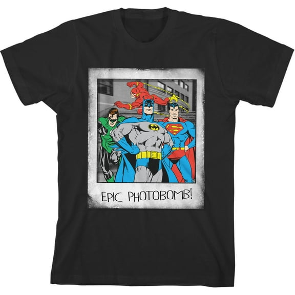 The Justice League Epic Photobomb Youth Black Graphic Tee-Medium