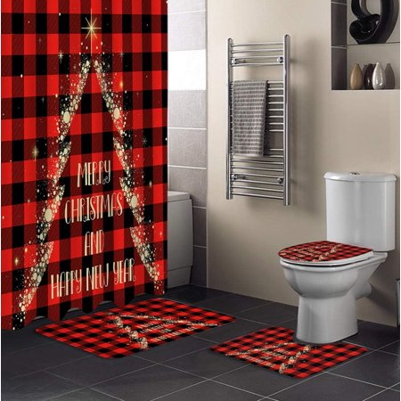 ZHANZZK Merry Christmas 4 Piece Bathroom Set Shower Curtain Bath Rug Contour Mat and Toilet Lid Cover