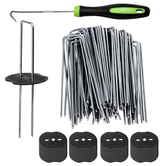 50Pcs Garden Stakes Staples   50Pcs Gasket, BAKIBO 6 Inch Lawn Landscape Staples 11 Gauge U Shaped Galvanized Landscape Pins, Heavy Duty Yard Ground Pin for Weed Barrier Sod Fabric Decorations - 6"