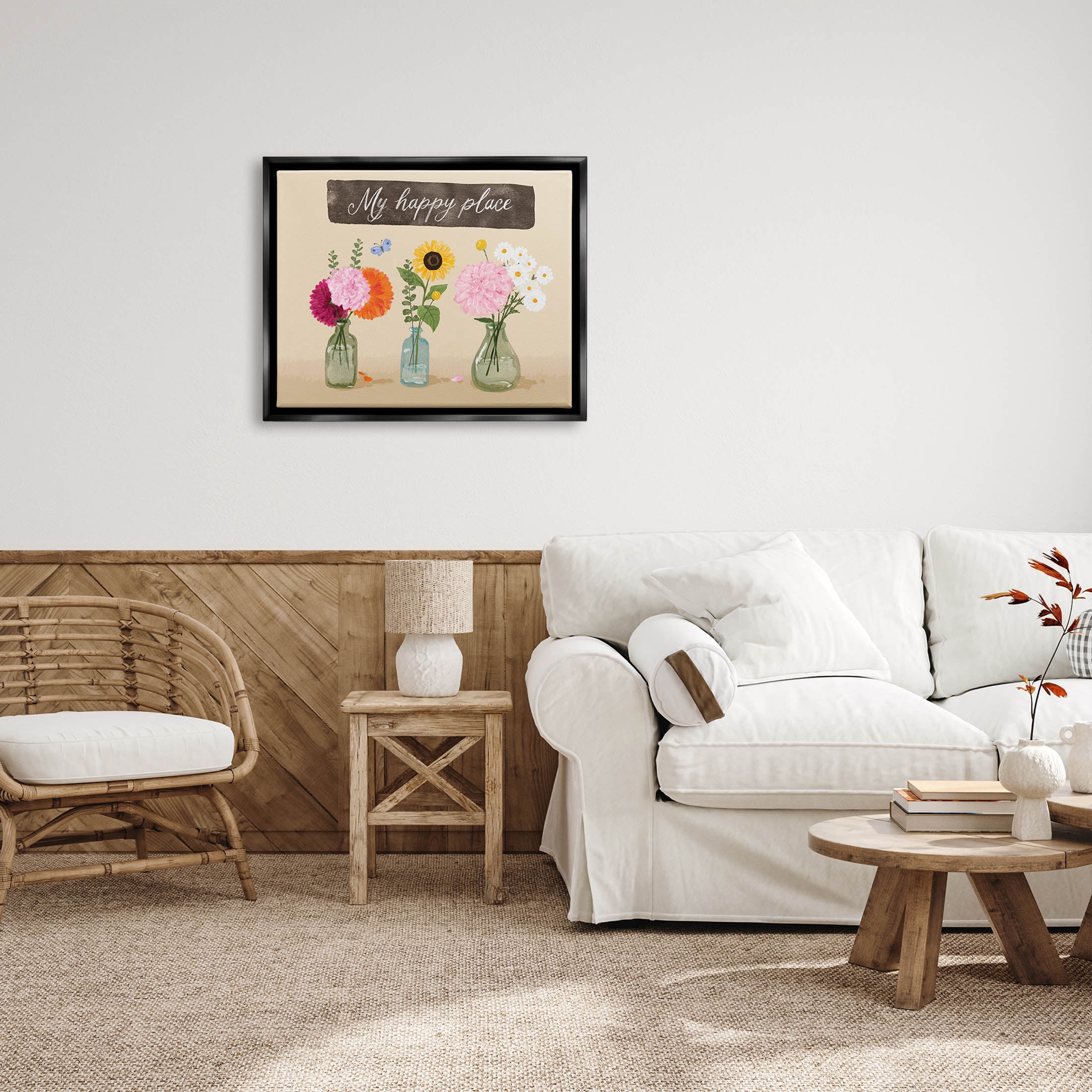 Stupell Industries My Happy Place Bouquets Graphic Art Jet Black Floating Framed Canvas Print Wall Art, Design by Be Ni La
