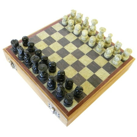 Black Leatherette Chess - SEAICH Handmade Soapstone 8-inch Chess Set (India) - Black