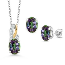 Gem Stone King 4.81 Ct Green Mystic Topaz E-F Lab Grown Diamond 925 Silver and 10K Yellow Gold Pendant and Earrings Jewelry Set