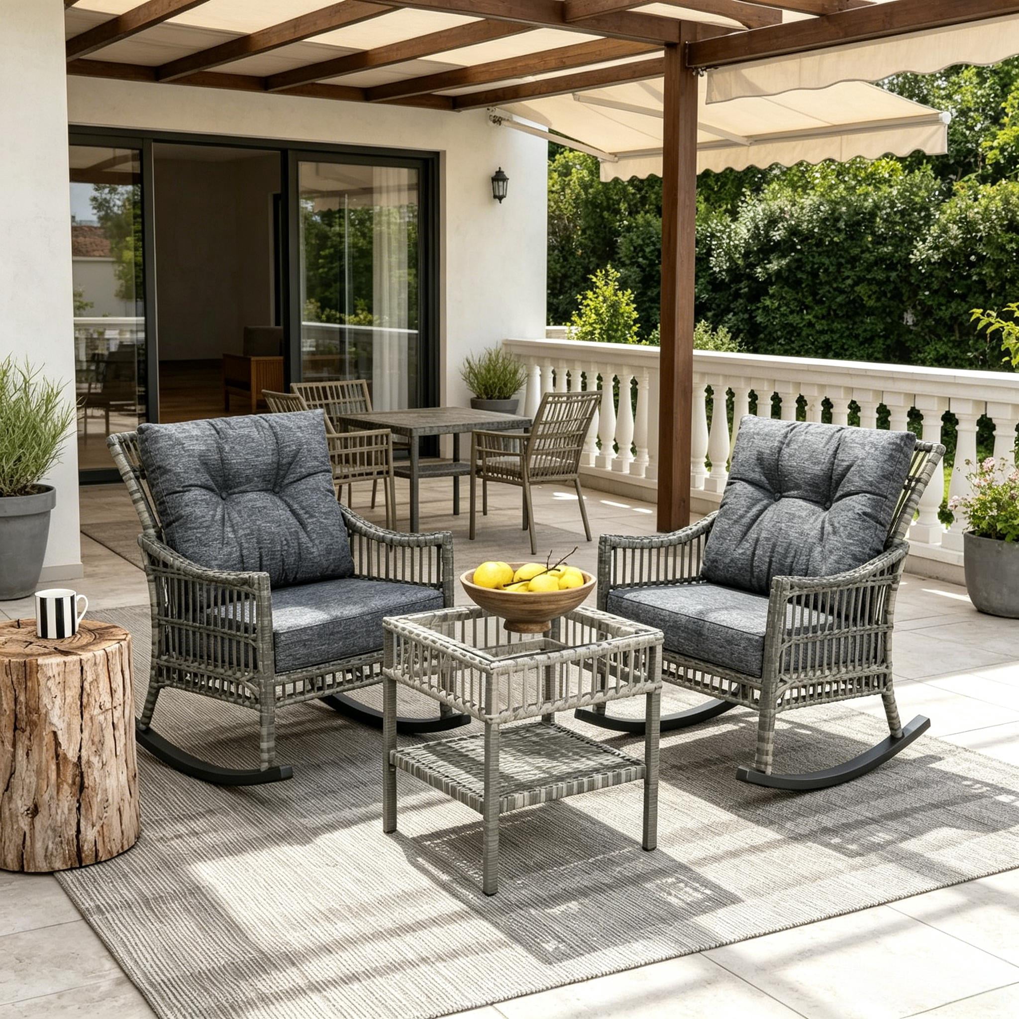 3-Piece Wicker Patio Furniture Set with Tempered Glass Coffee Table,Weatherproof PE Rattan,Cushions Rocking Chair,Outdoor Conversation Furniture for Backyard,Porch & Balcony