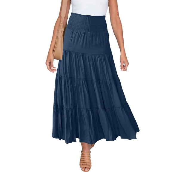 AUNVITO Women's Bohemian High Waist Flared Pleated Maxi Skirt with Elastic Waistband Casual and Bohemian Style
