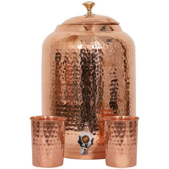 Pure Copper Vessel Tank Pot Matka 8 Liter Hammered Copper Water Dispenser Container Pot , Storage Pot Tank 2 Glass
