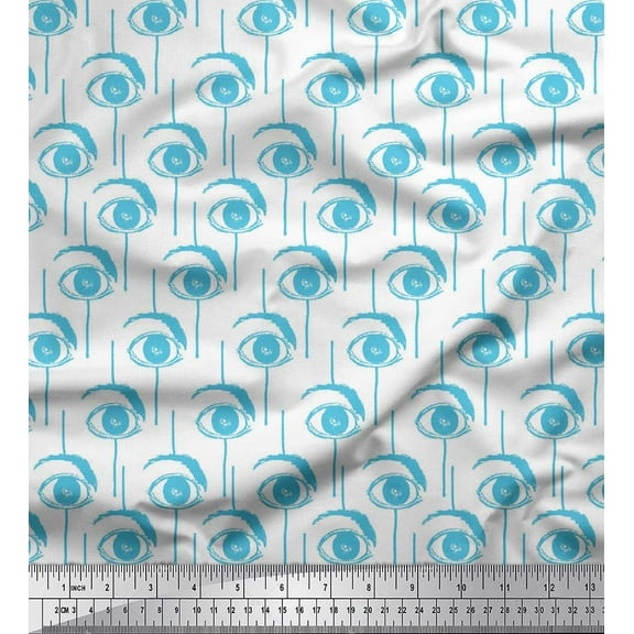 Soimoi Blue Poly Georgette Fabric Eyes Face Print Fabric by the Yard 42 Inch Wide