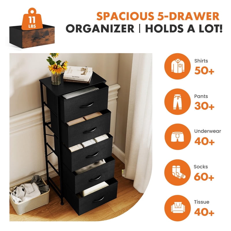 Kelno 5 Drawer Fabric Dresser Steel Frame Storage Chest Organizer with Wood Top, Black