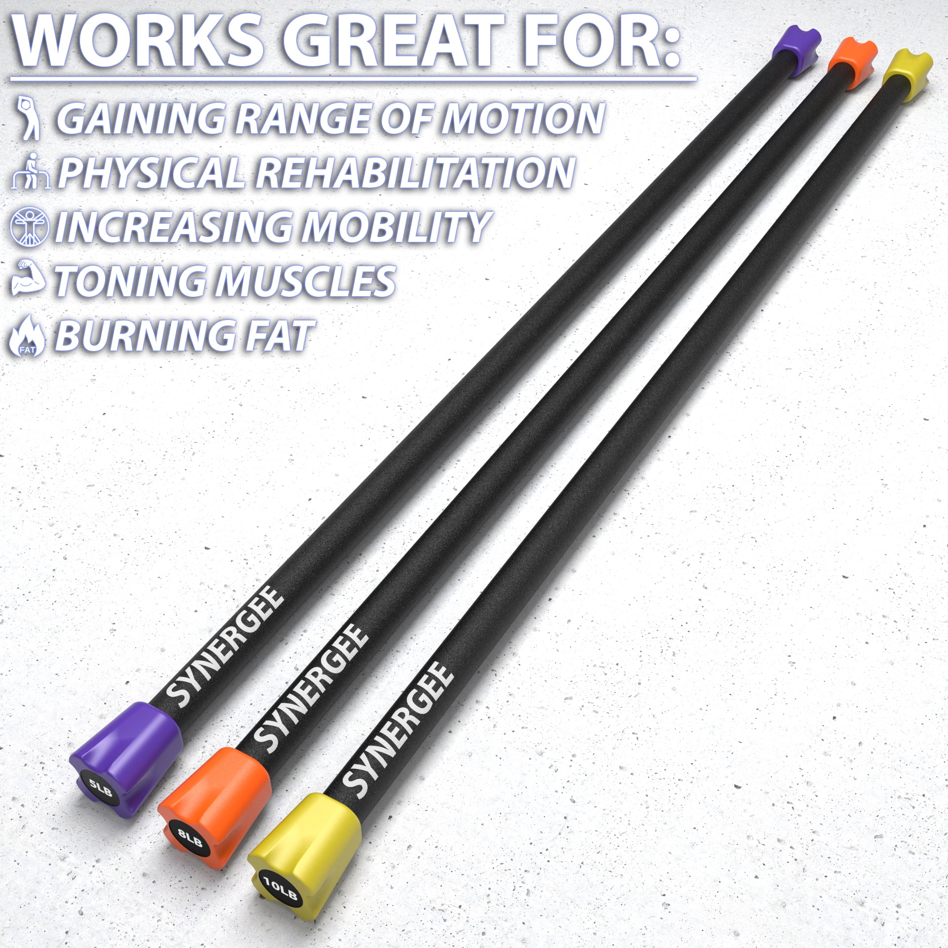 Synergee Workout Bar Combo Set - 5lb 8lb 10lb - Padded Weighted Bars – Body Bar Toning Exercises, Strength & Condition