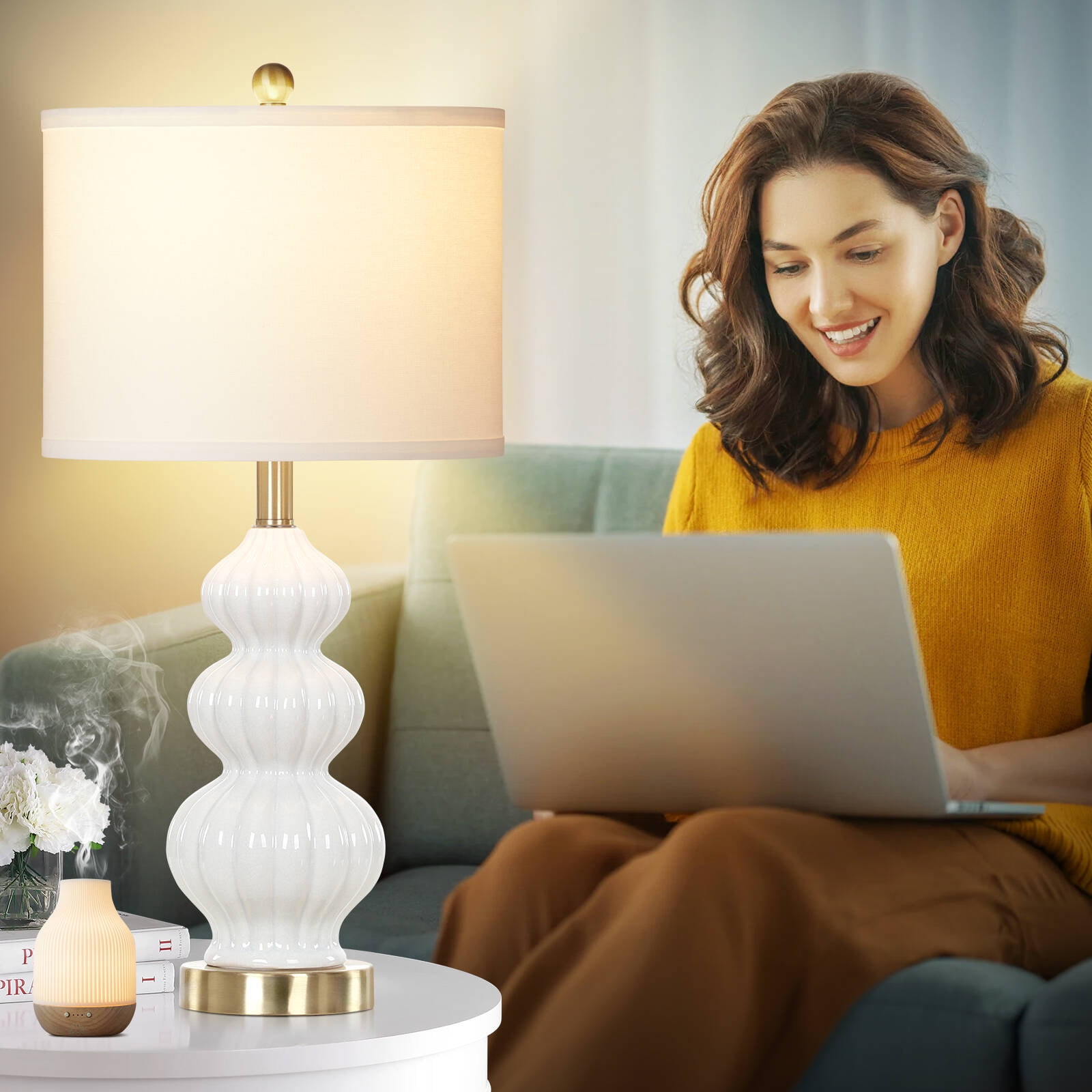 Cinkeda Triple Gourd Ceramic Table Lamps Set of 2 with USB A+C Ports AC Outlet for Bedroom Living Room Modern 3 Way Rotary Switch Control White Bedside Nightstand Lamp