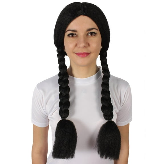 HPO Adult Women's Black Braided Pigtails Shoulder Length Trendy Wig, Best for Halloween, Made of Flame-Retardant Synthetic Fiber Wig