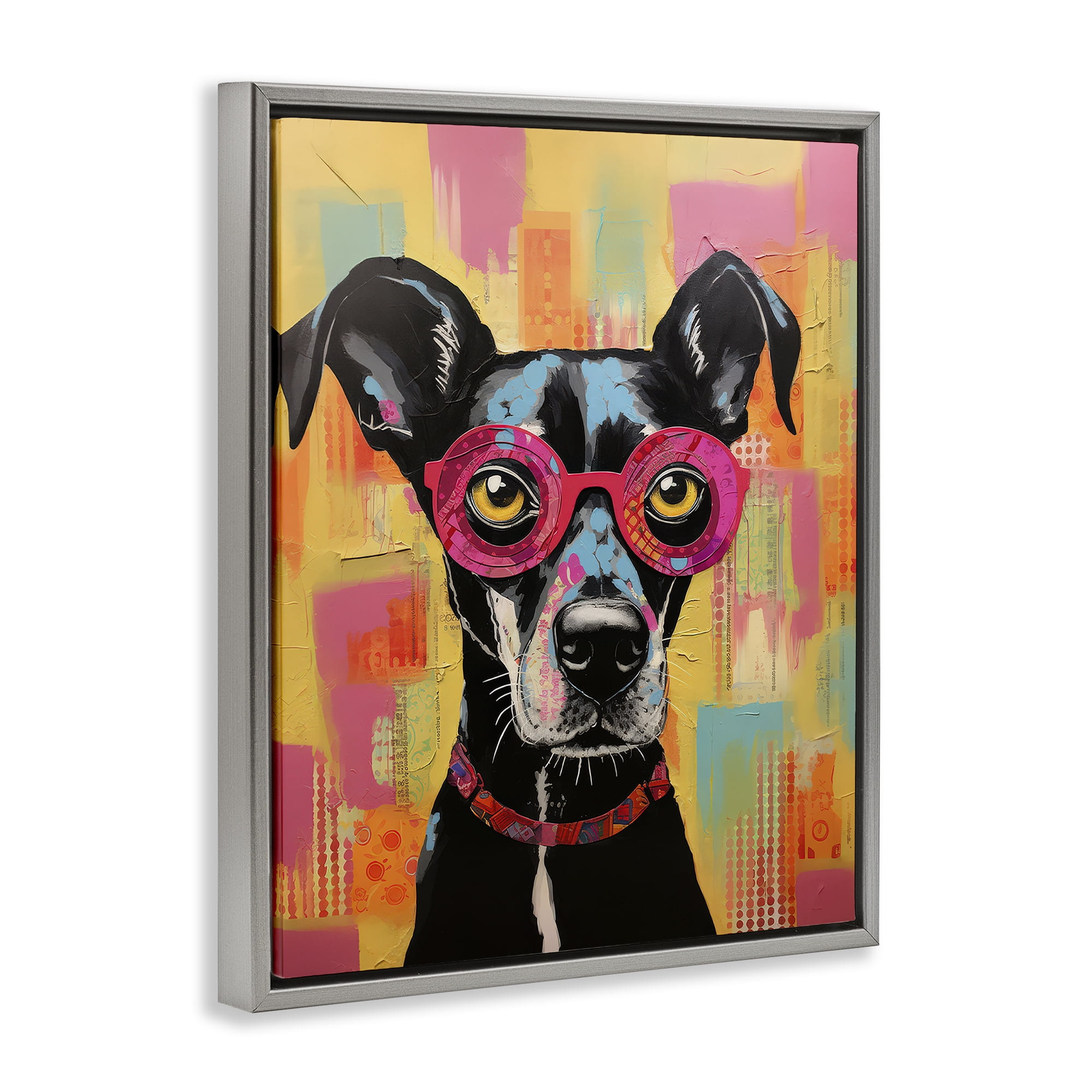 Stupell Industries Dog with Fun Glasses Animals Painting Gray Floater Framed Canvas Art Print Wall Art, 17 x 21