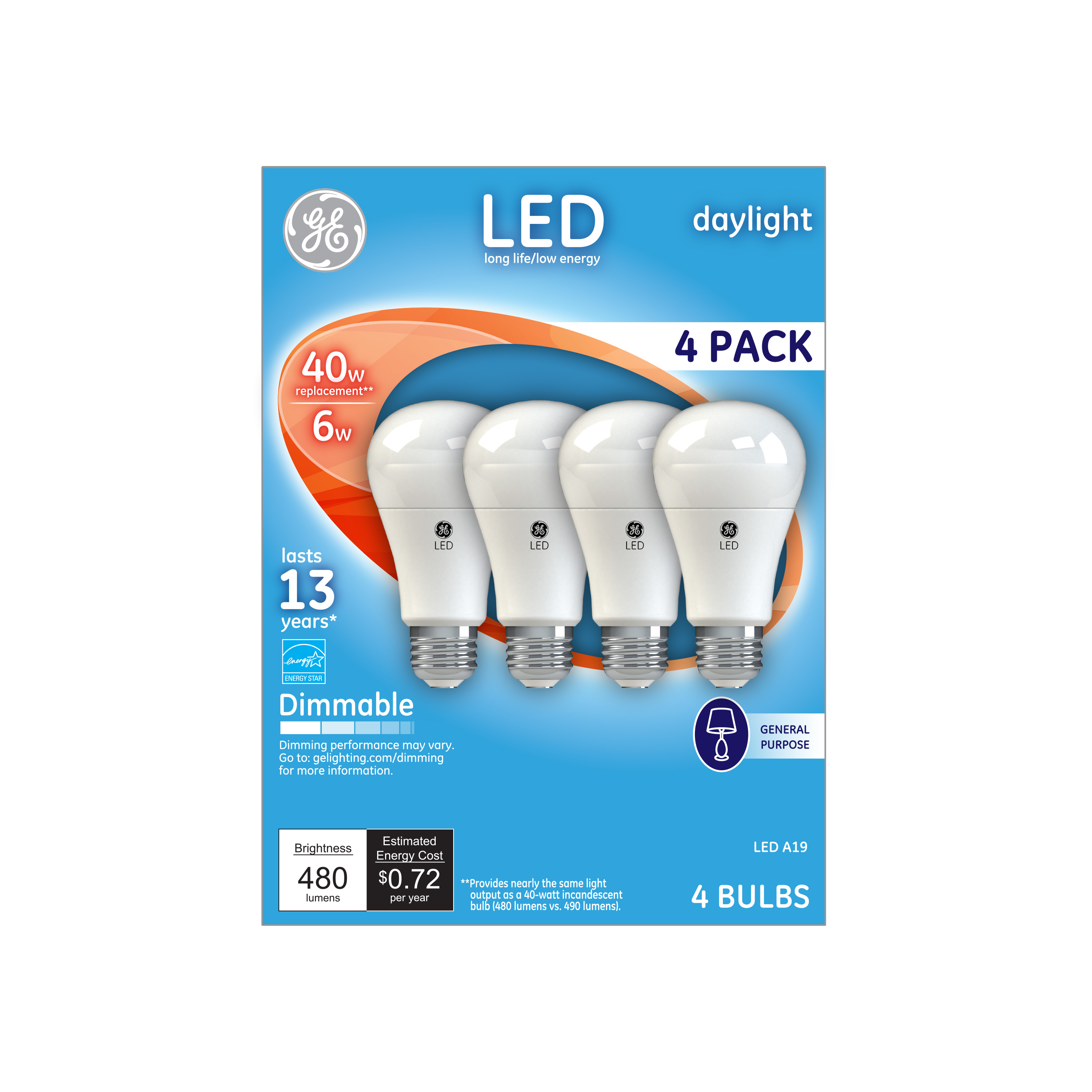 GE LED 6W Daylight General Purpose, A19 Medium Base, Dimmable, 4pk