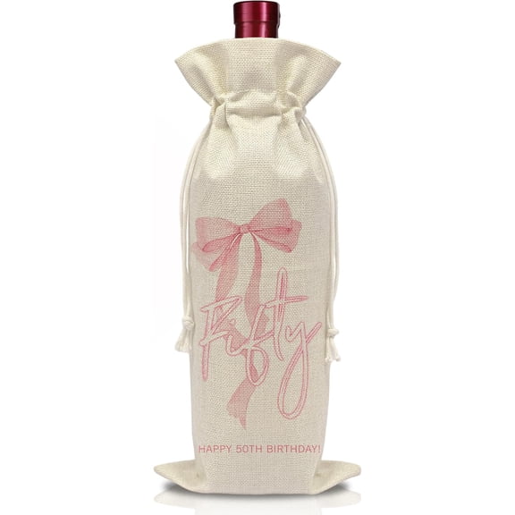 1pcs Fifty Birthday Wine Bag, Reusable Wine Bags with Drawstring, Presents for Happy 50th Birthday, Meaningful Gift Ideas for Friends, Pink Bow Print, Party Shower Favors-B18