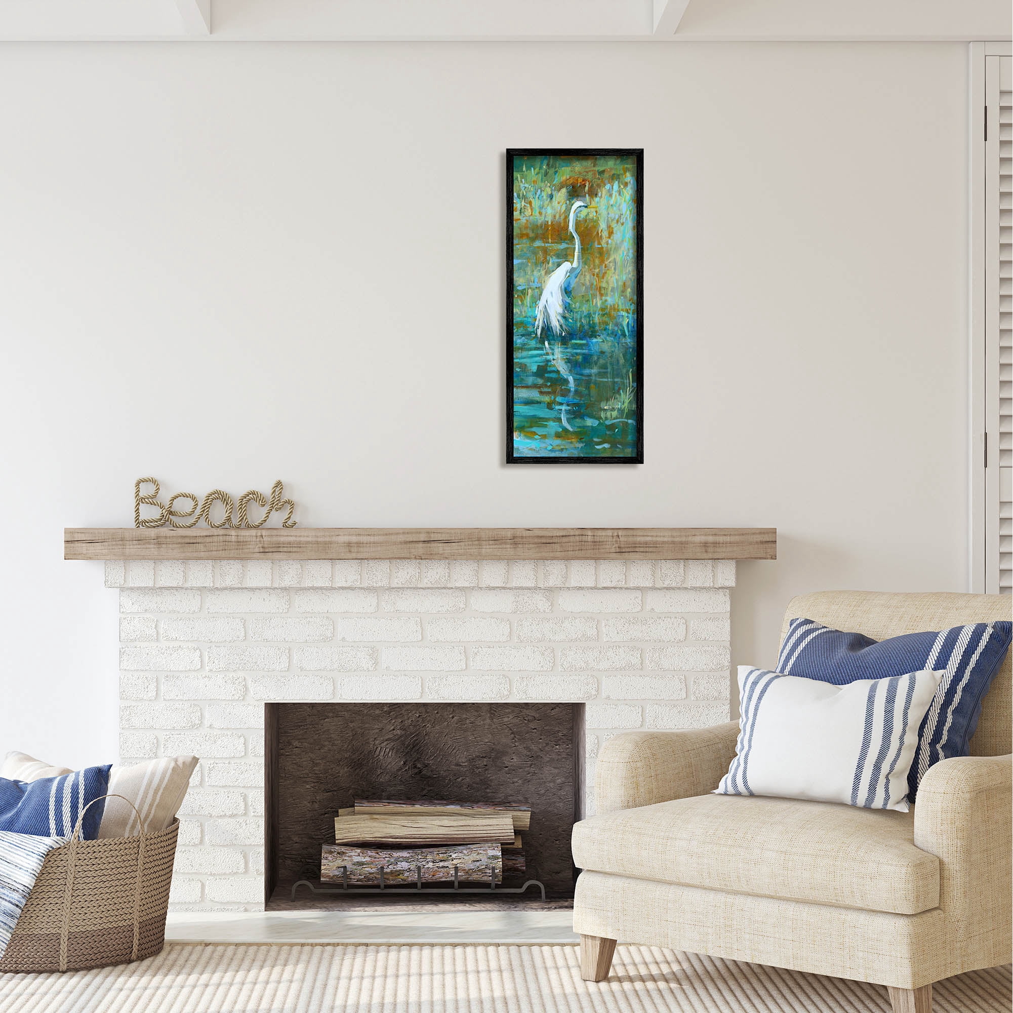 Stupell Industries Egret Bird Swimming Pond Nature Coastal Painting Black Framed Art Print Wall Art