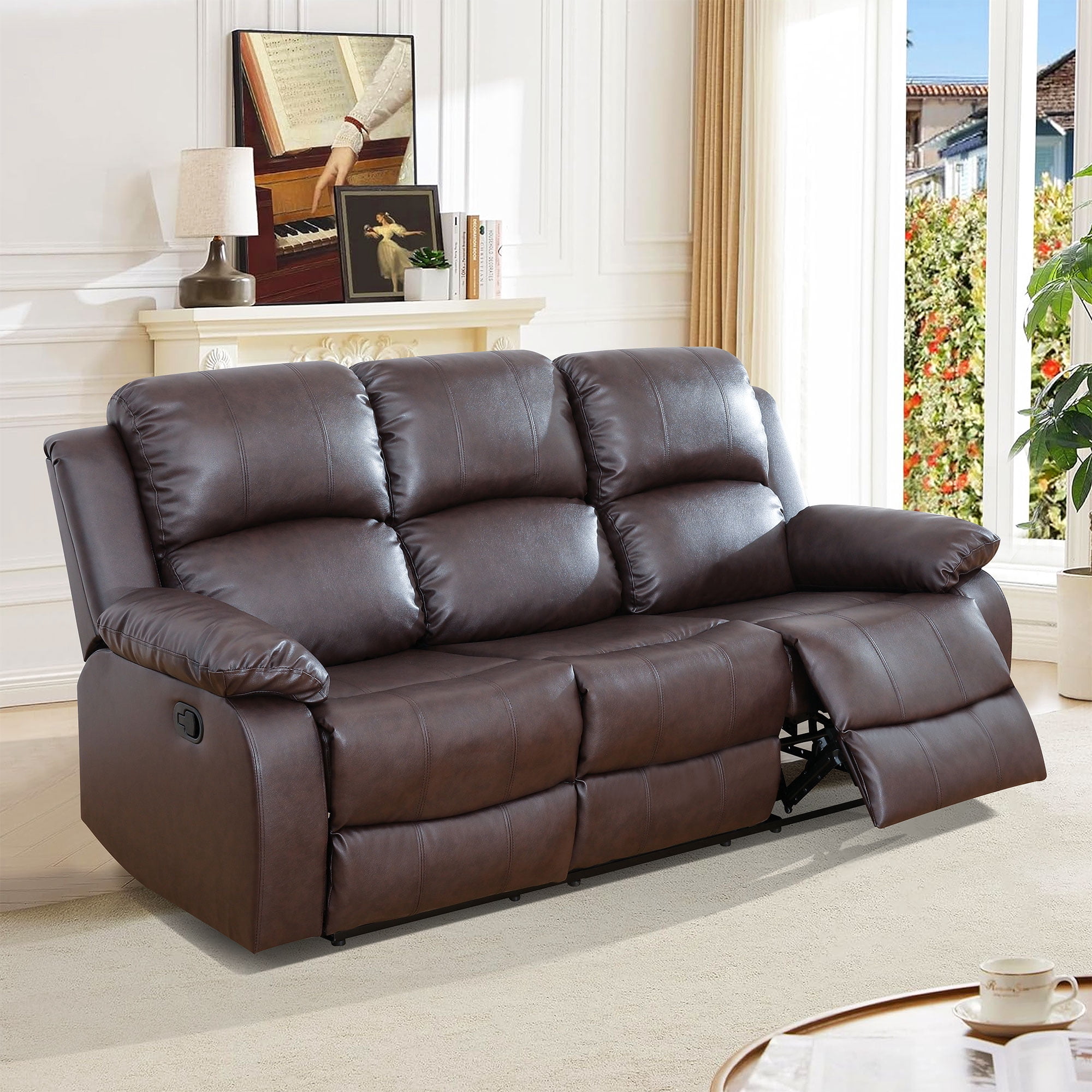 Gewnee Brown 3-Seater Reclining Sofa - Air Leather Upholstery with High-Elastic Sponge for Living Room & Office