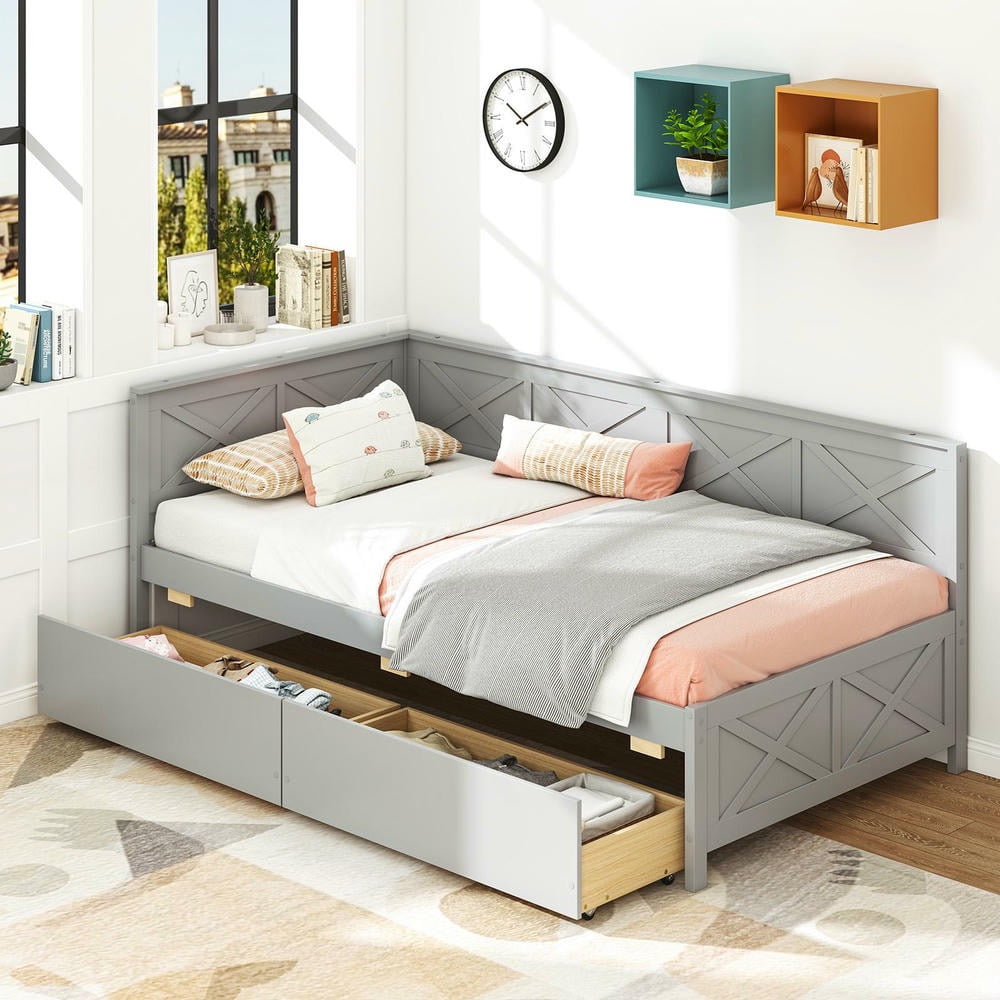 Barara King Twin Size Bedroom Trundle Bed Frame with 2 Storage Drawers and No Box Spring Needed, Bed Platform Frame for Bedroom, Apartment, Gray