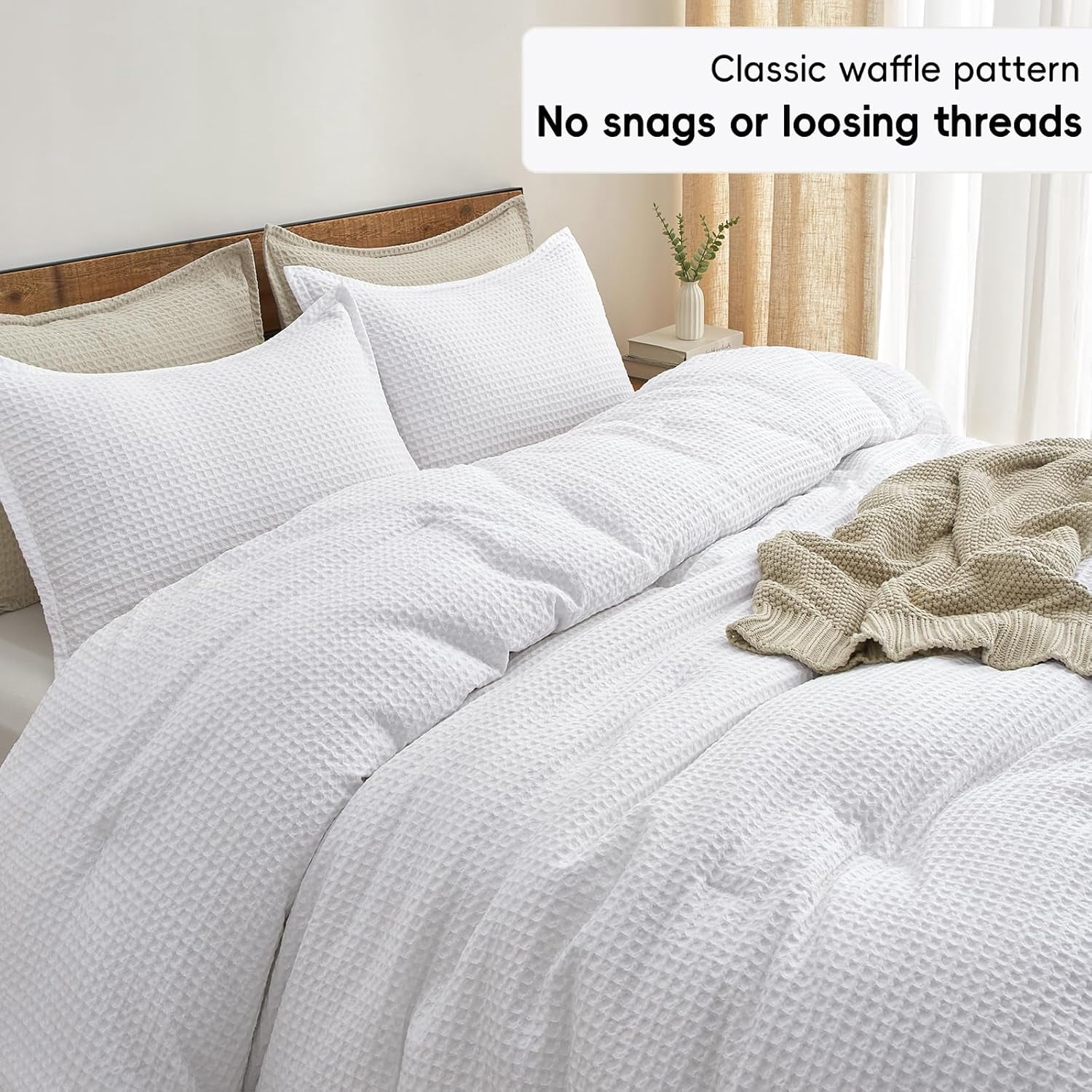 PHF 3-Piece Waffle Weave Comforter Set Queen Size, Lightweight Comfy Bedding Set for All Season, Ultra Soft Textured 1 Comforter with 2 Pillow Shams, White