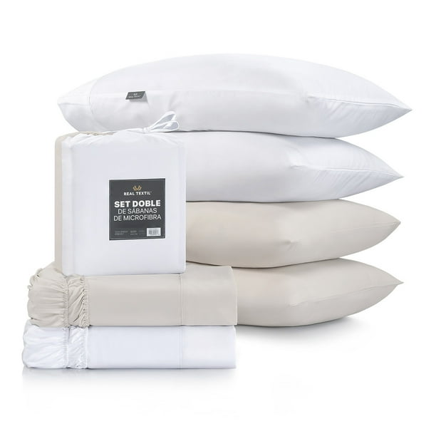 Sábanas 2 Juegos de Microfibra Suaves y Frescas, Real Textil (Blanco y Beige, Queen Size)