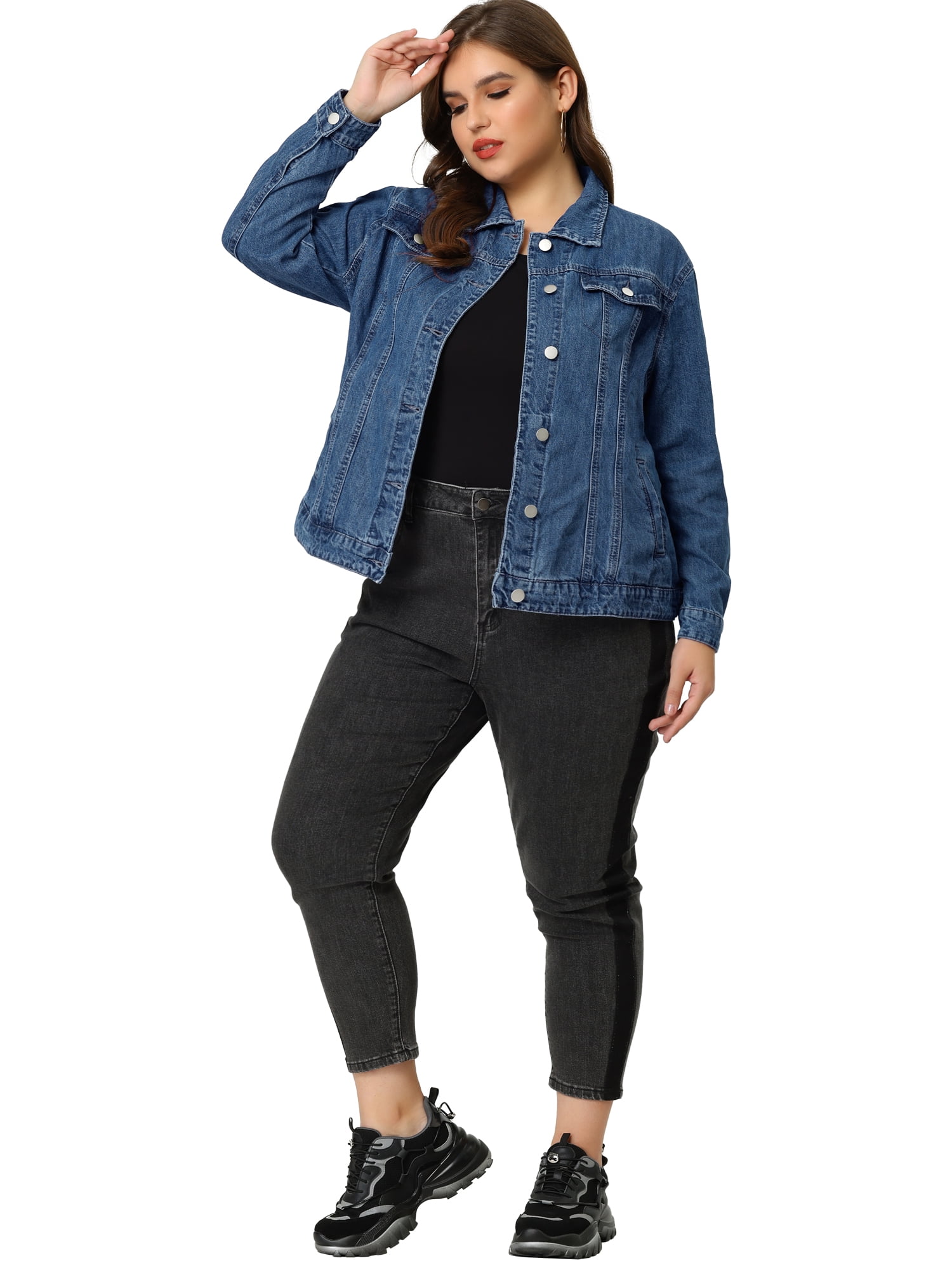 DARING DIVA Women's Plus Size Long Sleeve Button Front Washed Denim Jacket 6X Denim Blue