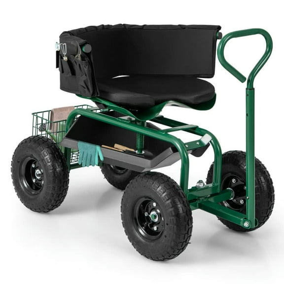 Spaco Cushioned Rolling Garden Cart Scooter with Storage Basket, Garden Cart with Tool Pouch, Green