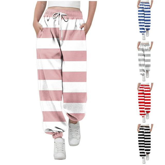 MKOSPLRT Sweatpants for Girl Striped Activewear Joggers High Waist Drawstring Color Block Sweat Pants Lightweight Wide Leg Pants with Pocket