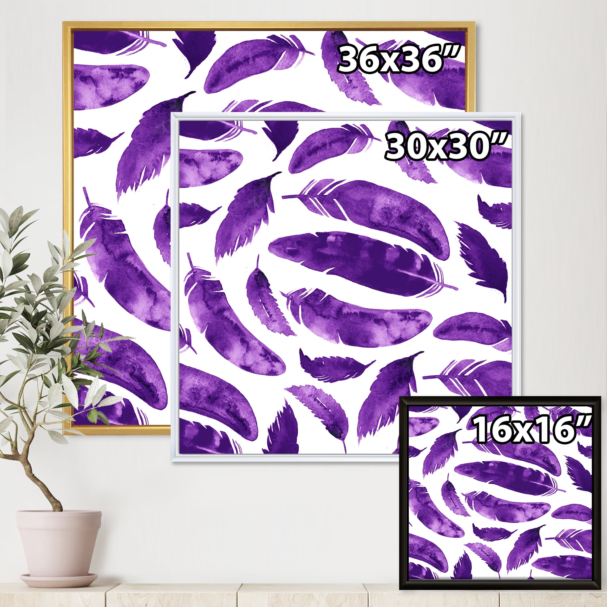 Designart 'Ethnic VIolet Feathers On White' Bohemian & Eclectic Framed Canvas Wall Art Print