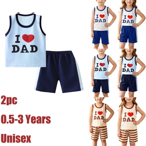 0.5-3T Toddlers Boys and Girls Outfit Set Father's Day Graphic Love Dad Cute Print Sleeveless Tank Top and Short 2 Piece Cotton Set Loungewear Sleepwear Going out Cool Clothing Unisex
