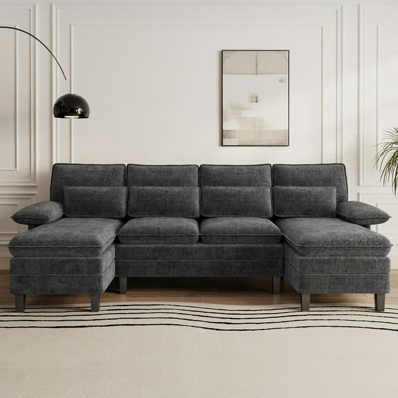 Gelloan 104.72" U Shaped Couch, 4 Seat Sectional with 4 Throw Pillows, High Dense Memory Foam with Double Chaise Lounge &Living Room Couch,Grey