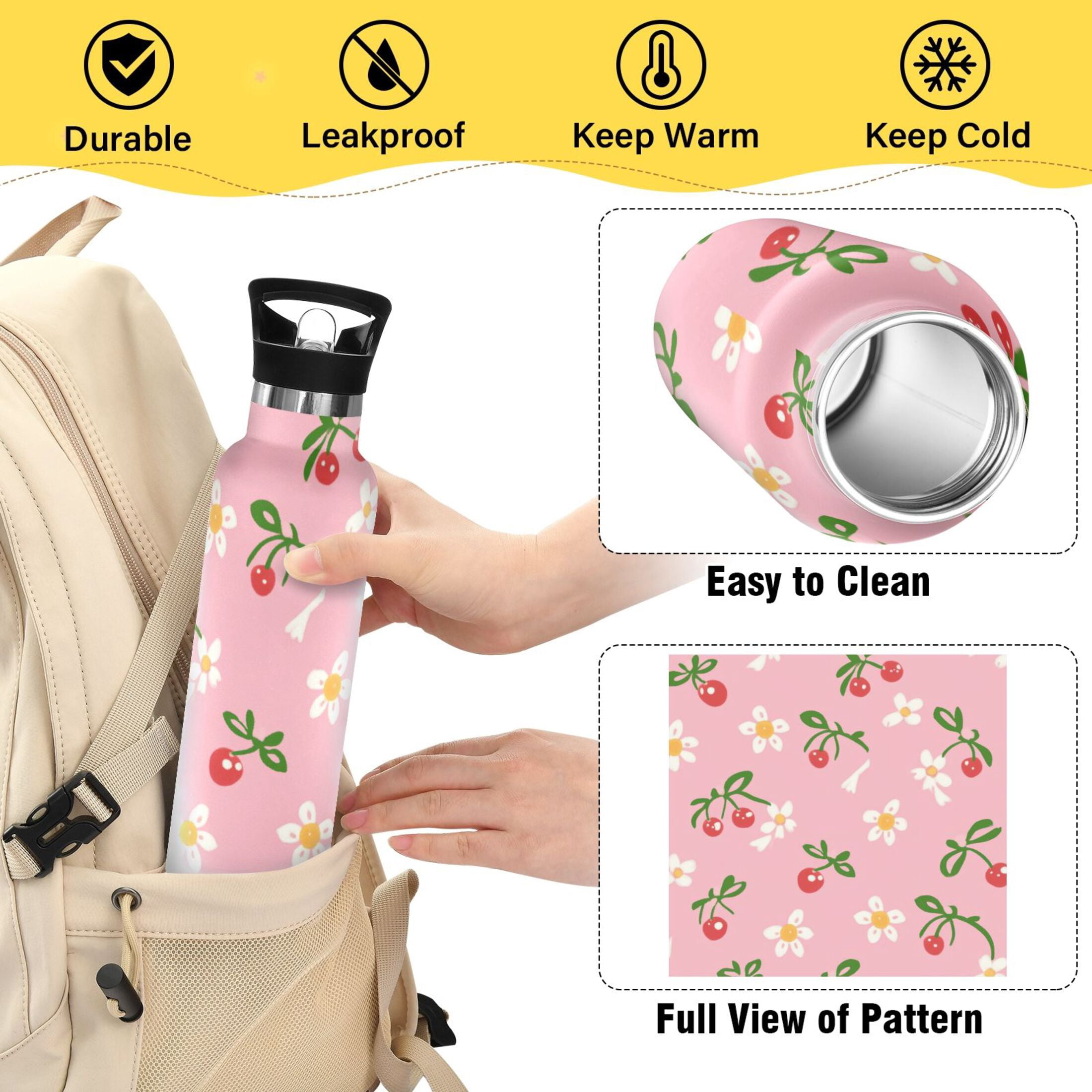 Kids Insulated Stainless Steel Sports Water Bottle 600ml (20oz) Daisies and Bow Pattern