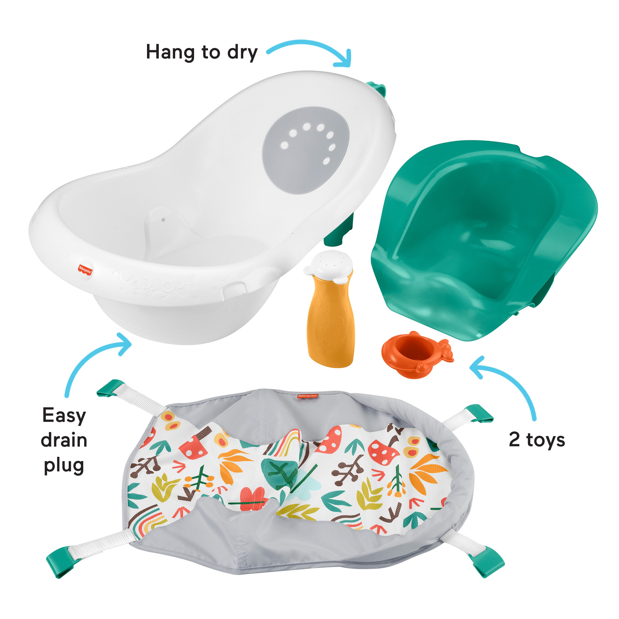 Baignoire Bébé Fisher-Price 4 En 1 - Évolutive De La Naissance à 11 Kg - Avec écharpe Et Jouets - Adaptable à L'évier