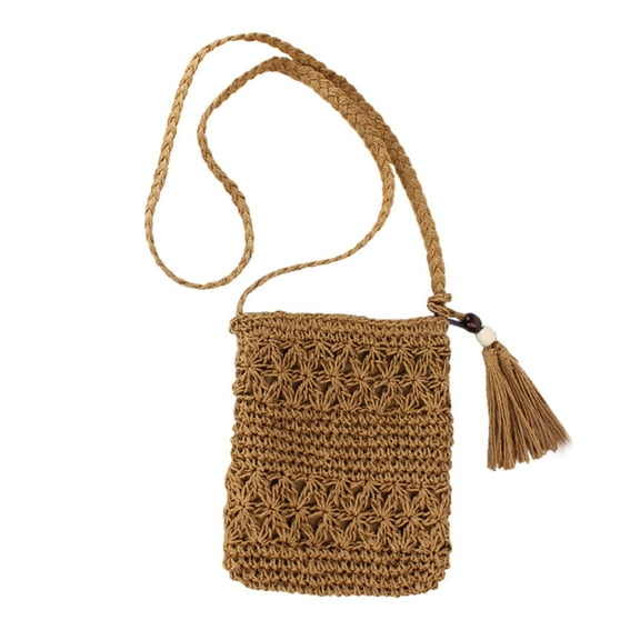 Women's Beach Woven Straw Shoulder Bag Boho chic Style with Tassel and Crochet Macrame Detailing Versatile Crossbody Design Spacious and Functional for Beach and Casual Outings