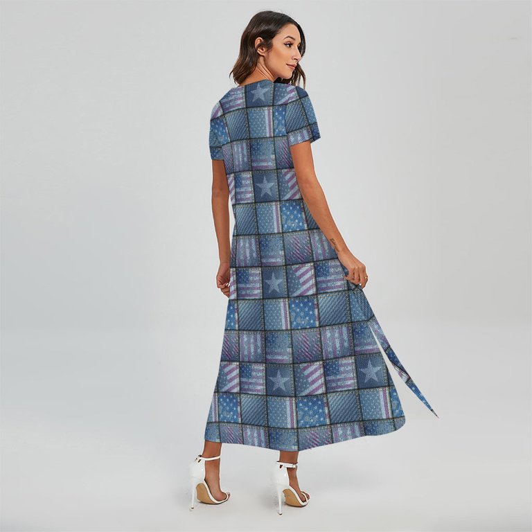 American Denim Patchwork Pattern Printed Short Sleeve Maxi Dress, American  Flag Fashion Summer Maxi Dress For Women. Gifts For Us Independence Day,  4Th Of July - Walmart.com