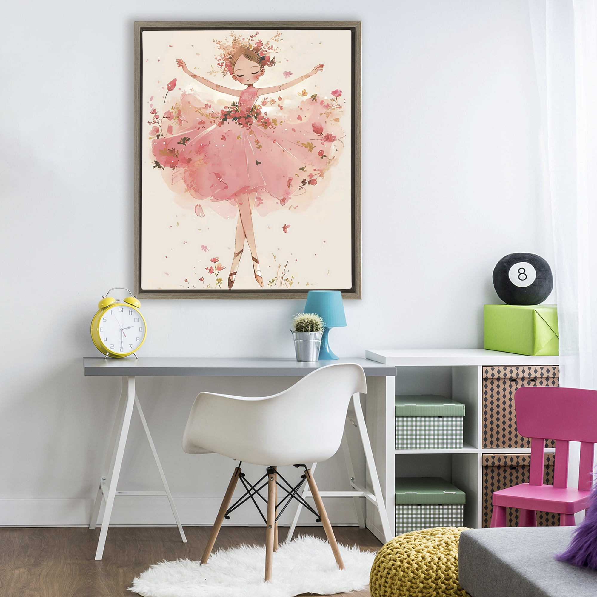 Stupell Industries Pink Floral Dress Ballerina Brown Framed Floater Canvas Wall Art, design by Creative Studio