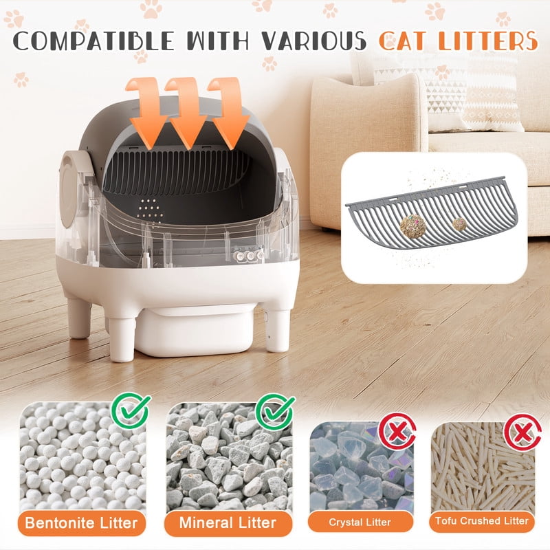 Homall Automatic Self-Cleaning Cat Litter Box – Large Open-Top Design for Multi-Cat Families, Integrated Safety Protection, Includes Trash Bags, Gray