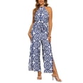 thumbnail image 2 of Mono Casual Sin Mangas INSPIRE CHIC para Mujer con Patrón Boho, Cuello Halter, Abertura y Pantalones de Pierna Ancha M Azul, 2 of 6