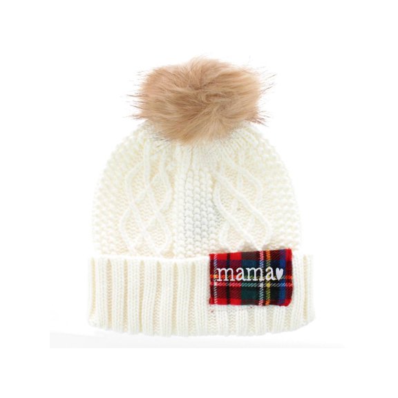 David & Young Plaid Mama Patch Winter Beanie Knit Hat with Pom (Women)