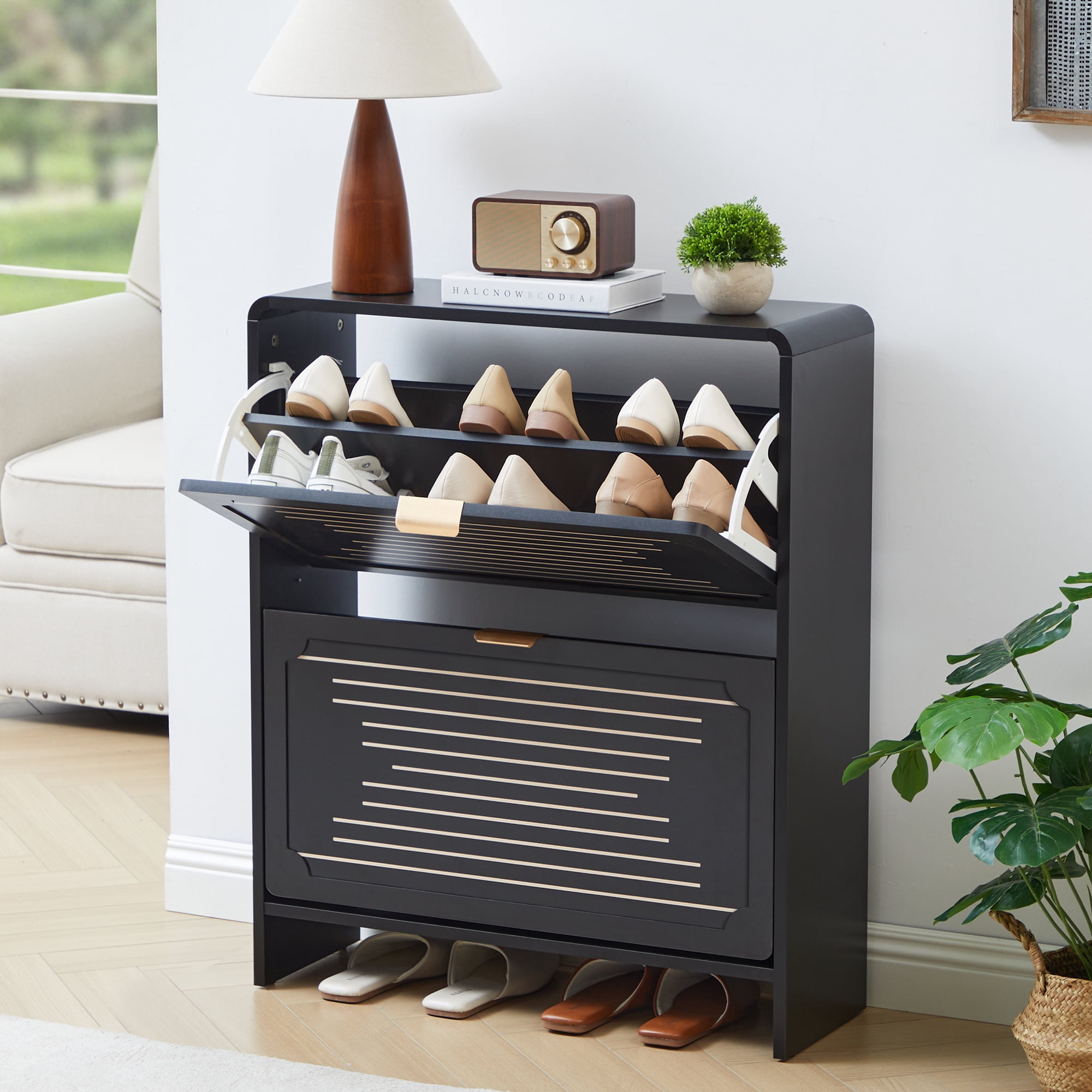 Wirrytor Black Curved Printed 2 Flip Drawer Shoe Cabinet, 85cm Double Layer Narrow Shoe Storage Organizer, Adjustable Shelf Entryway Shoe Rack With Anti-Tip Design For Hallway Bedroom