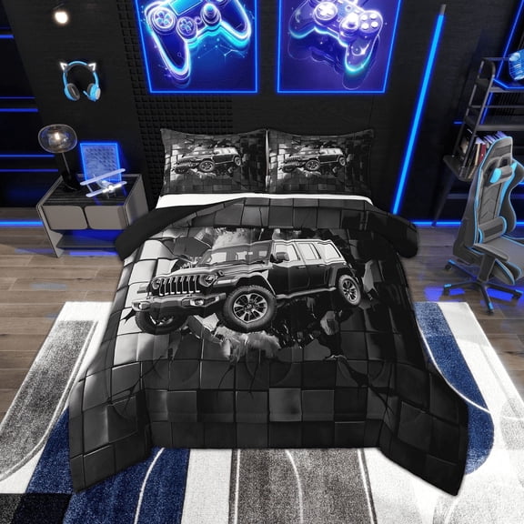 Erosebridal Black Sport Car Bedding Twin Comforter Set,Geometric Plaid Down Comforter,Extreme Sports Bedding Sets Twin with Comforter,Microfiber Buffalo Room Decor,Reversible,2-Piece