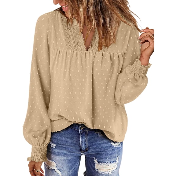 Womens Boho Long Sleeve Shirts Dot Flowy Blouses Dressy Casual V Neck Shirts Tops Fall Fashion Tops Work Office Tunic Tops Elegant Office Blouses Trendy 2026 Tunics Top