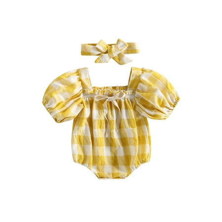 

Qtinghua Infant Baby Girls Romper Vintage Plaid Square Neck Puff Sleeve Bodysuit Jumpsuit with Headband Summer Outfits