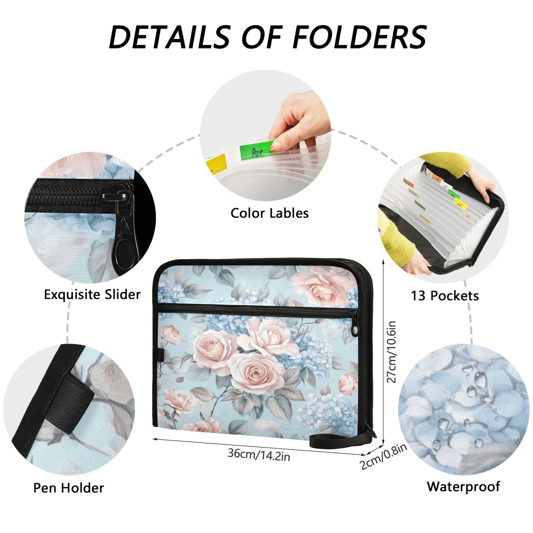 WOBOGO Light Pink Rose Pattern Expanding File Folder Letter Size Accordion Filing Organizer 13 Pocket Separate Organ Pocket