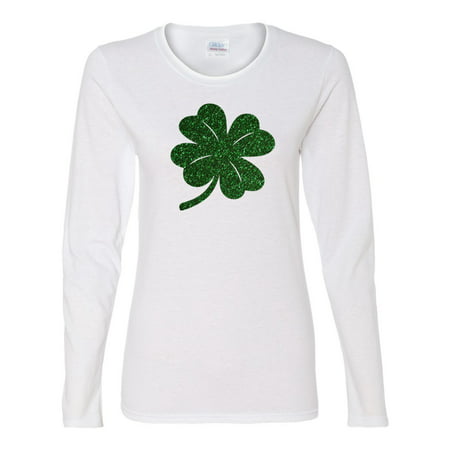 St. Patricks Day Green Glitter Lucky Clover Ladies' Long-Sleeve Shirt