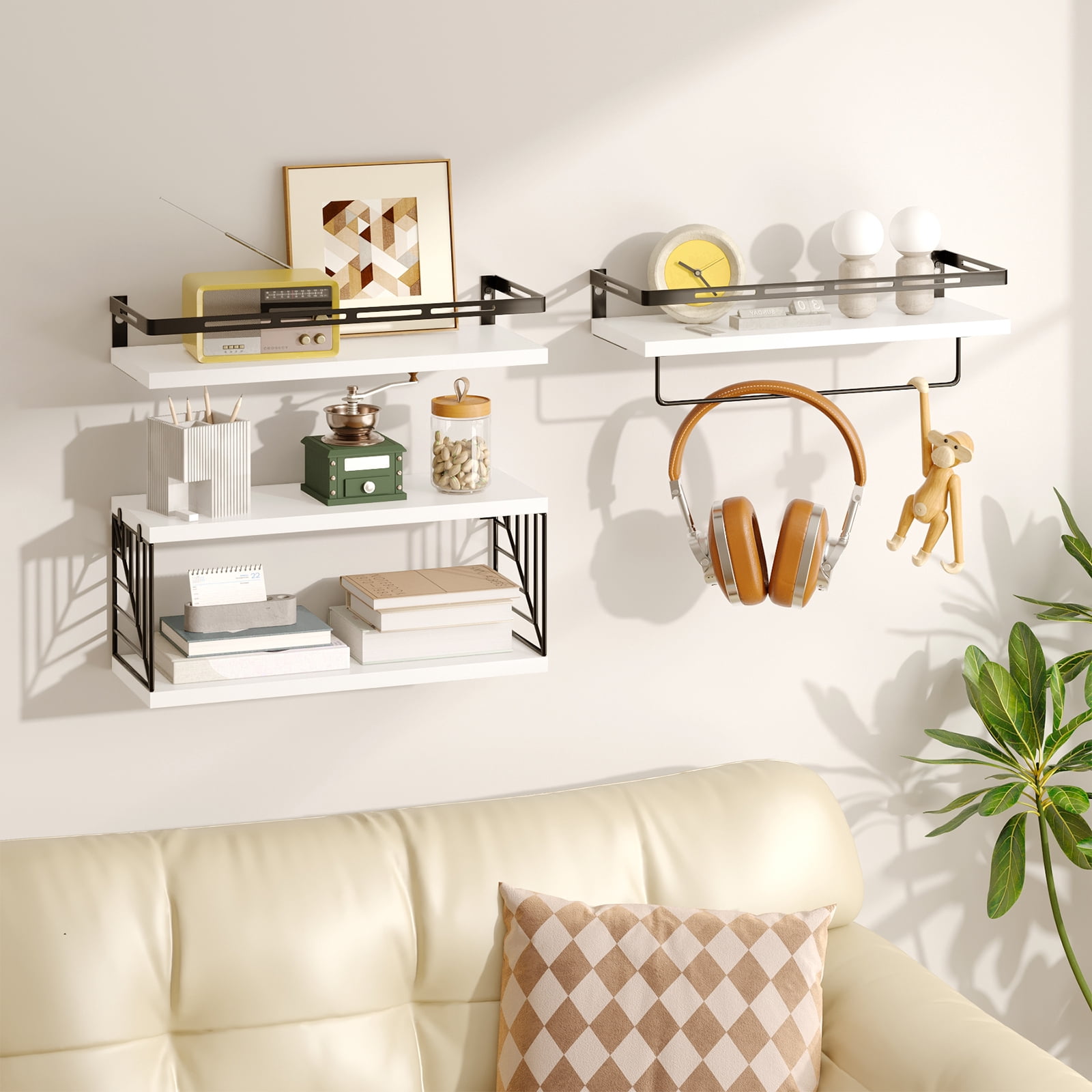 Fairy 4pcs Bathroom Floating Shelves Over Toilet, Wall Shelves with Towel Bar for Bathroom, Living Room (White)
