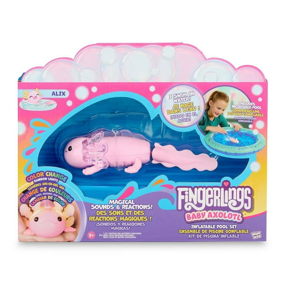 Fingerlings Interactive Baby Axolotl with Inflatable Pool, Alix (Pink), Swims & lights up in water