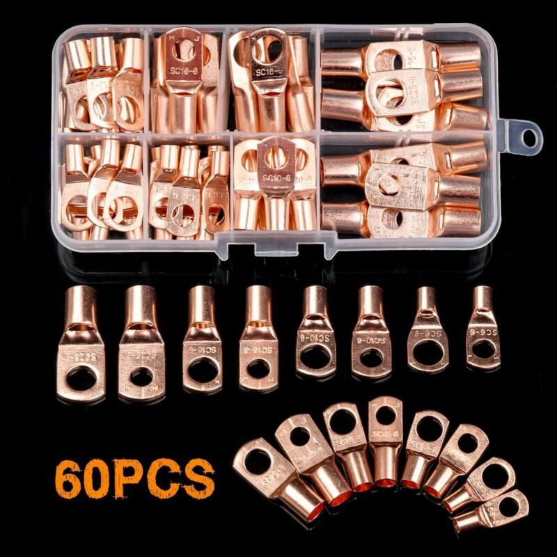 60 Pcs Electrical Cable Lug Wire Eyelets Copper Ring Terminals Connectors 