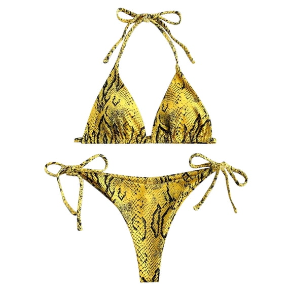 Hinvhai Womens swimsuits clearance,Women Snake Skin High Cut V Neck Two Pieces Bikini Swimwear Swimsuit Beachwear Yellow S(S)