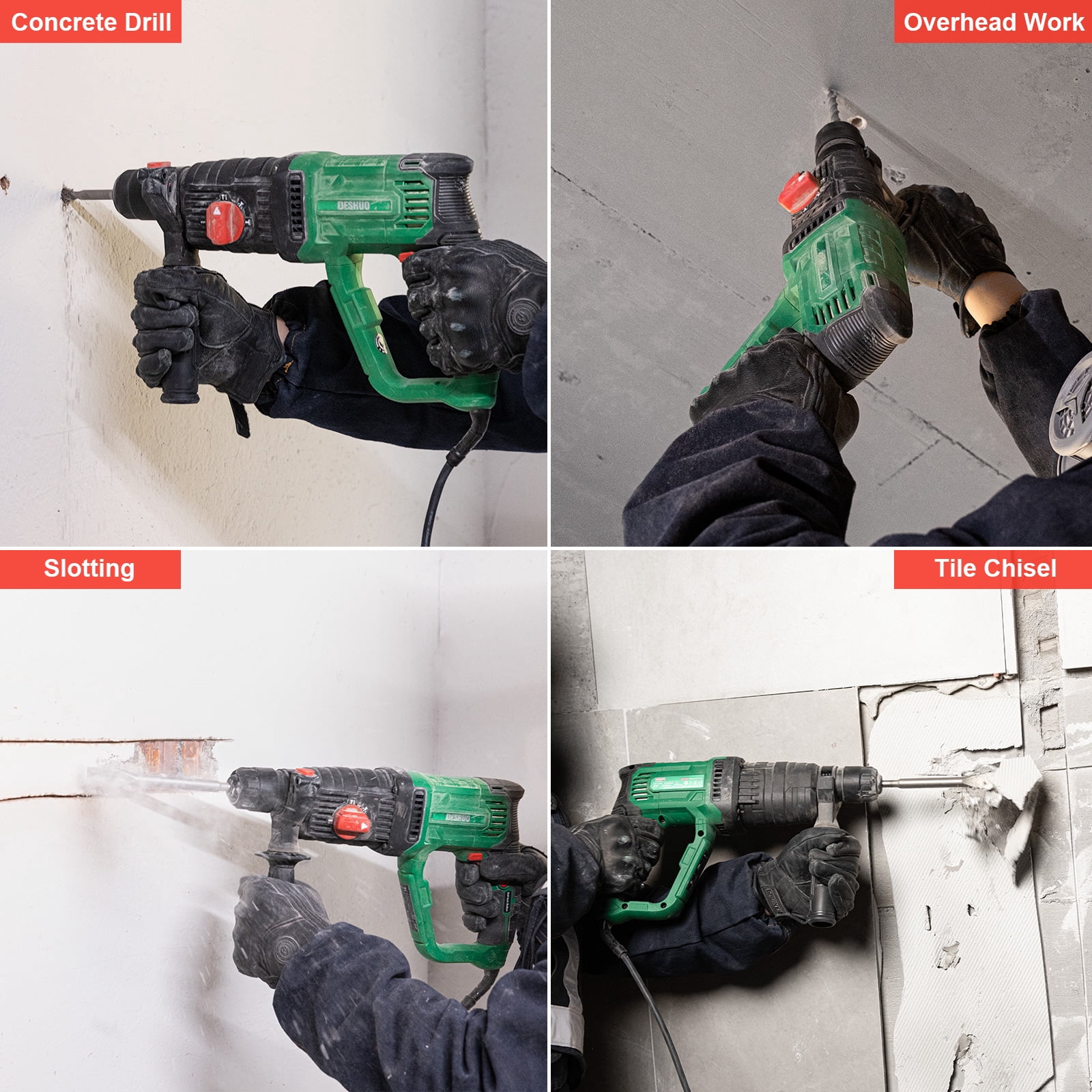 Deshuo 1 in Sds-Plus Lightweight Rotary Hammer, 9 Amp, 4 Functions, Variable Speed, with Bits and Case